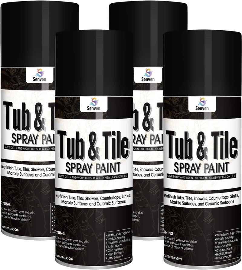 SENVEN Tub Tile Spray Paint Black Gloss, Waterproof Shower Spray Bathtub Tile Paint Refinishing Kit for Metal, Tiles, Ceramic, Porcelain, Fiberglass, Bathroom Walls Bathtubs Sinks Countertops Toilets, 4pack - Image 1